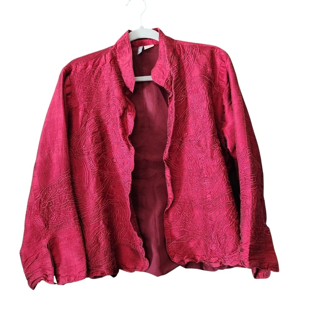 Anu 100 % Silk Embroidered Open Front Jacket Women's L Red Lightweight